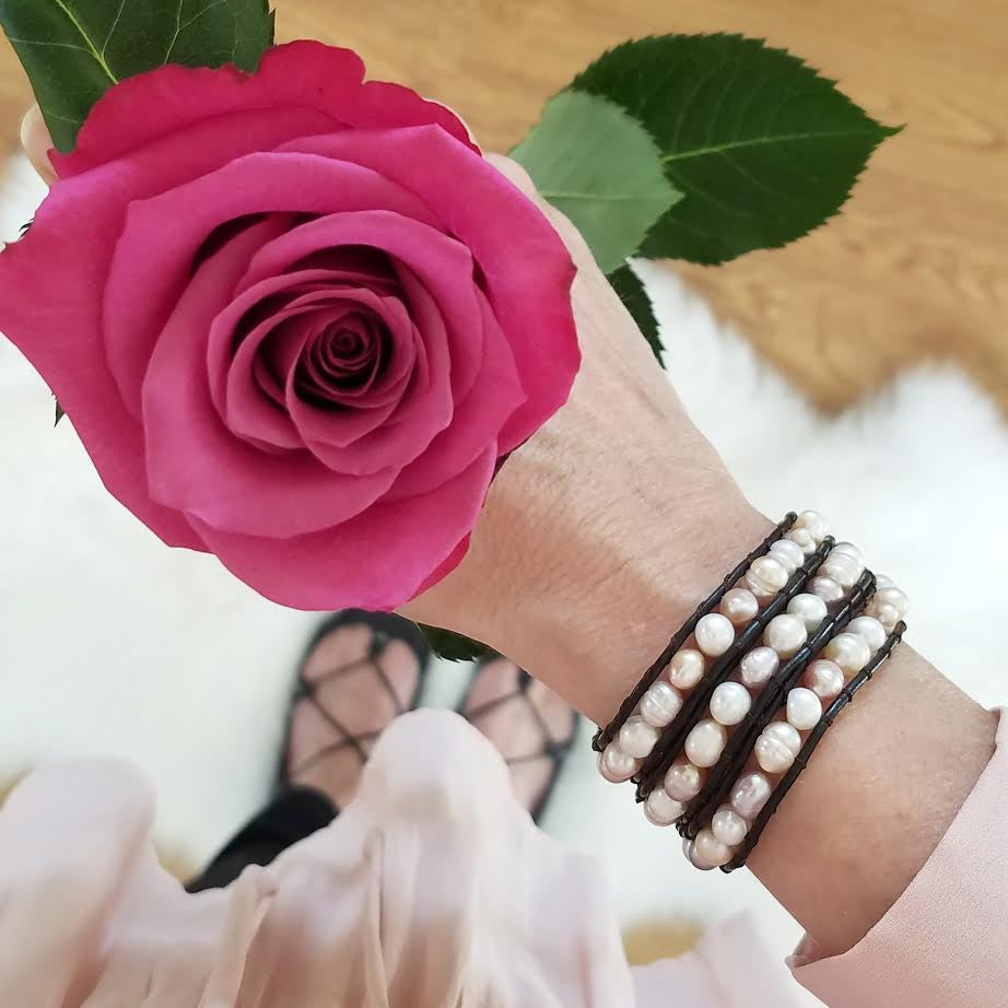 Mixed Pastel Freshwater Pearls on Dark Brown Leather Wrap Bracelet