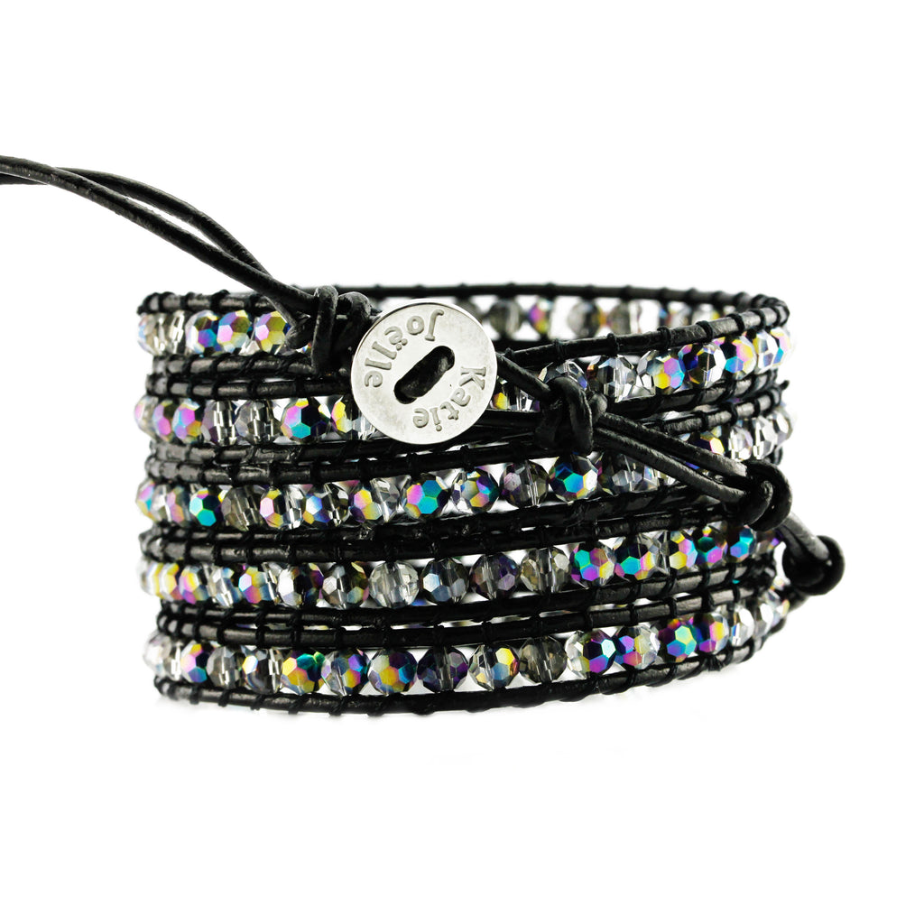 Aurora Borealis Crystals on Black Leather Wrap Bracelet