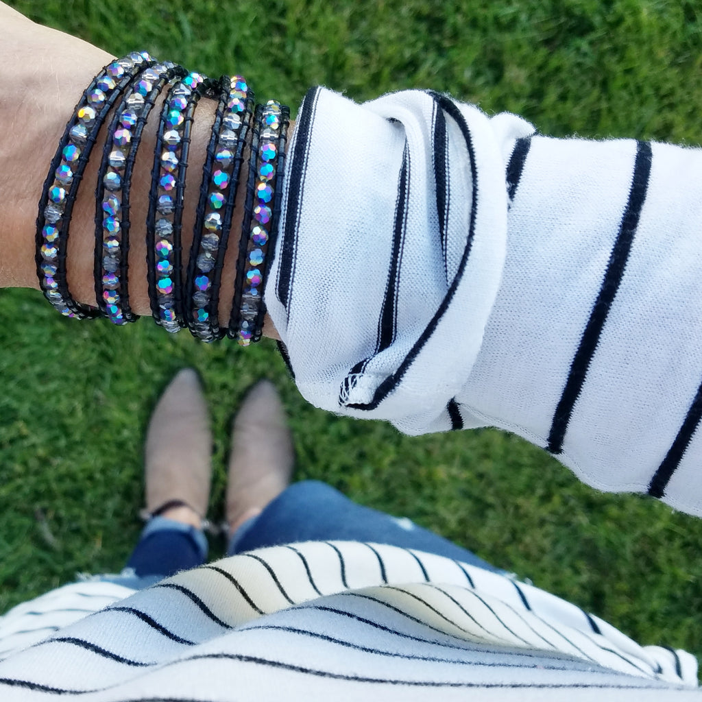 Aurora Borealis Crystals on Black Leather Wrap Bracelet