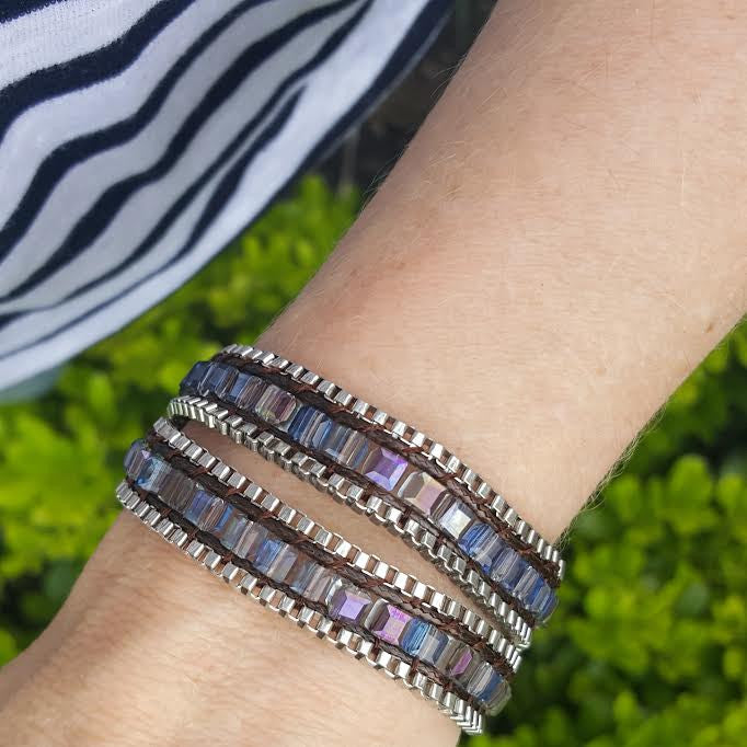 Square Cut AB Glass Crystal with Silver Chain on Dark Brown Vegan Cord Wrap Bracelet