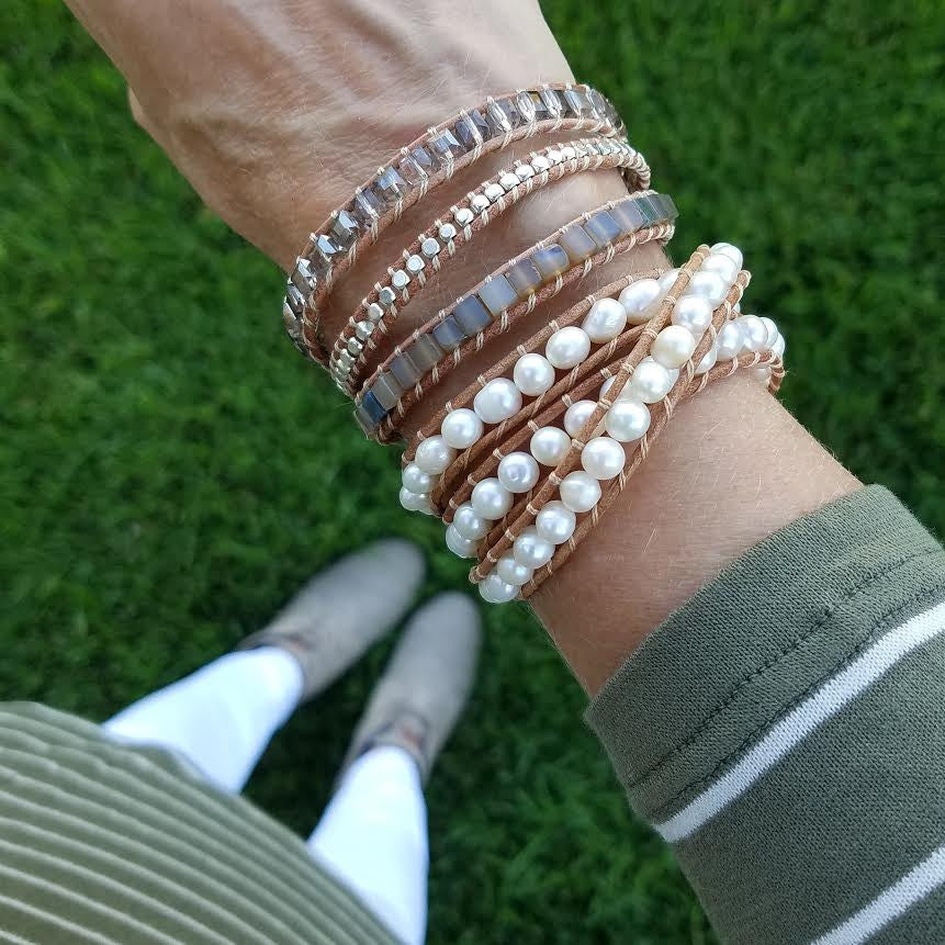 Freshwater Pearls on Natural Leather Wrap Bracelet