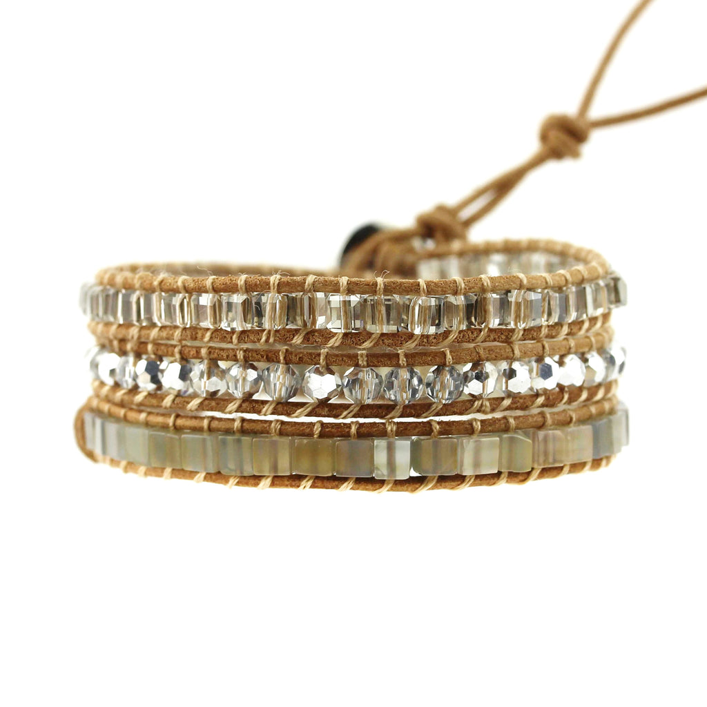 Crystals and Agate Cubed Stone on Natural Leather Wrap Bracelet