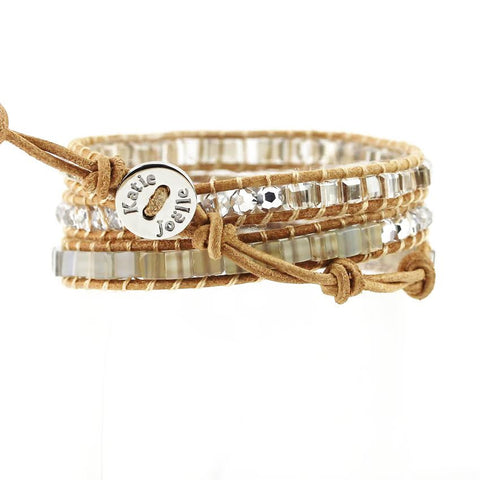 Image of Crystals and Agate Cubed Stone on Natural Leather Wrap Bracelet