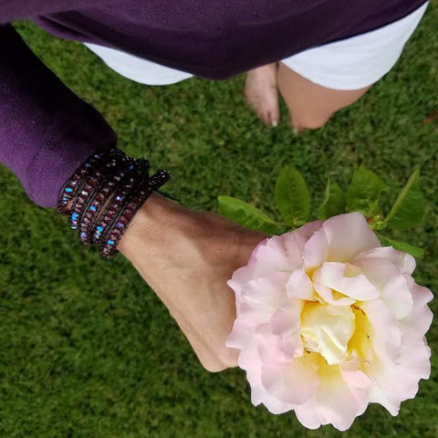Image of Amethyst Crystals on Dark Brown Leather Wrap Bracelet