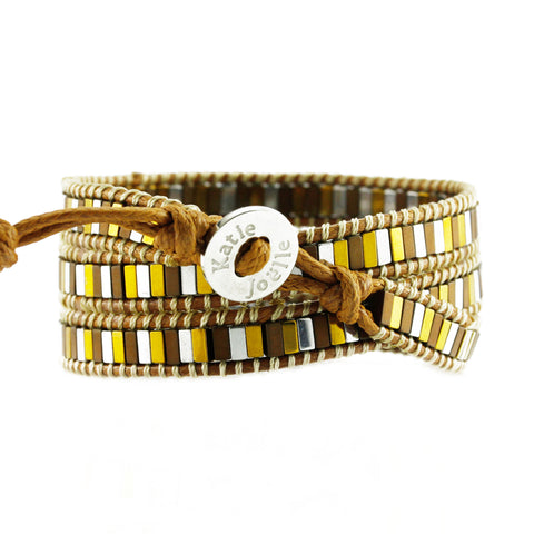 Image of Autumn Mixed Hematite on Caramel Vegan Cord Wrap Bracelet