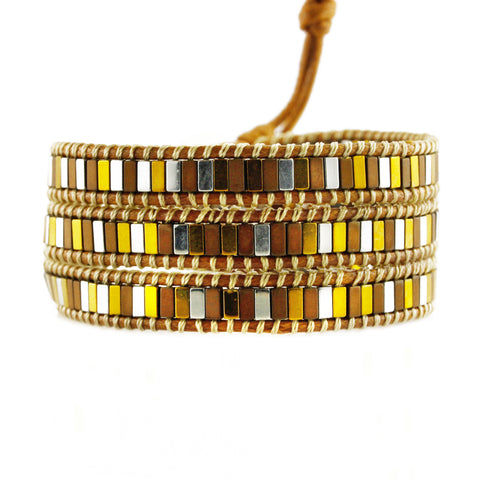 Image of Autumn Mixed Hematite on Caramel Vegan Cord Wrap Bracelet
