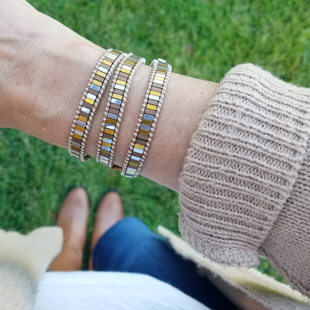 Autumn Mixed Hematite on Caramel Vegan Cord Wrap Bracelet