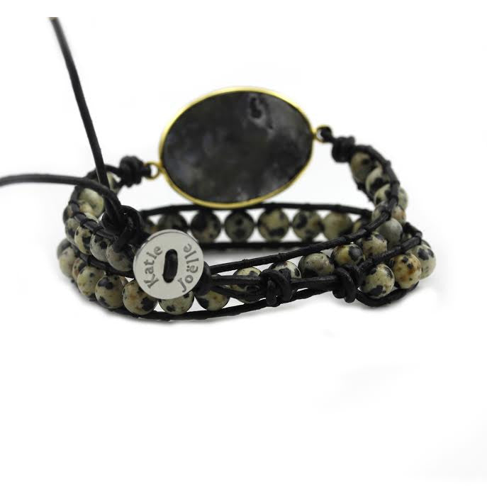 Black Druzy and Dalmatian Jasper Double Wrap Bracelet on Black Leather