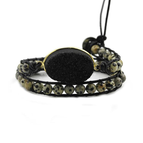Image of Black Druzy and Dalmatian Jasper Double Wrap Bracelet on Black Leather