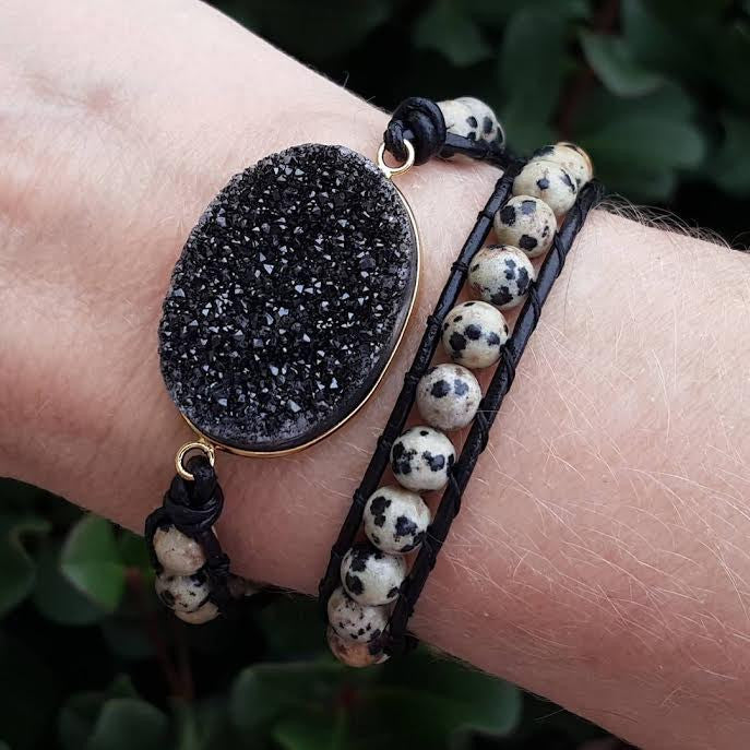 Black Druzy and Dalmatian Jasper Double Wrap Bracelet on Black Leather