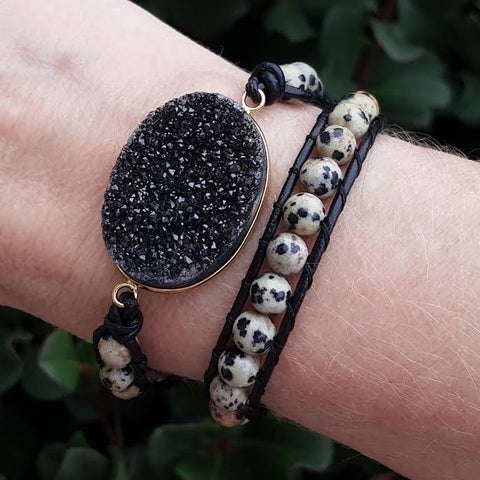 Image of Black Druzy and Dalmatian Jasper Double Wrap Bracelet on Black Leather
