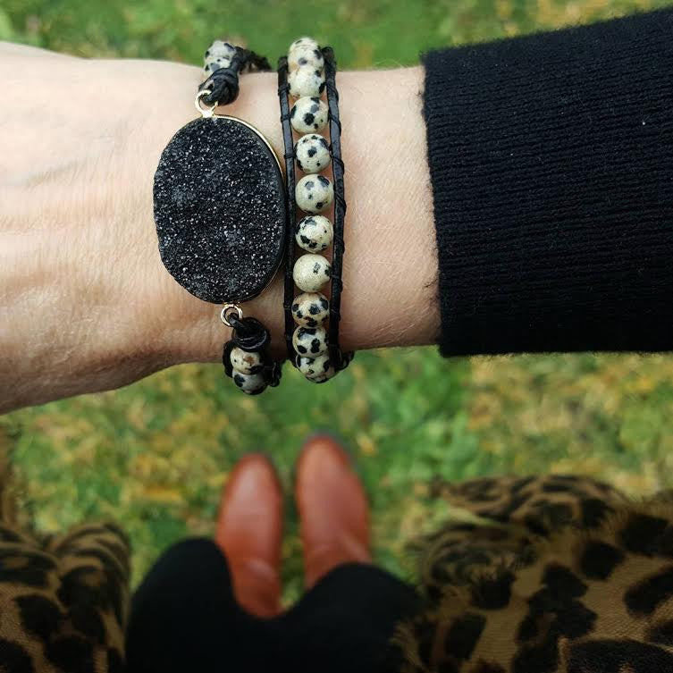 Black Druzy and Dalmatian Jasper Double Wrap Bracelet on Black Leather