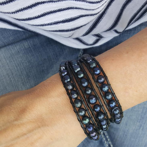 Image of Peacock Black Freshwater Pearls on Black Leather Wrap Bracelet