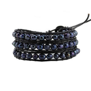 Peacock Black Freshwater Pearls on Black Leather Wrap Bracelet