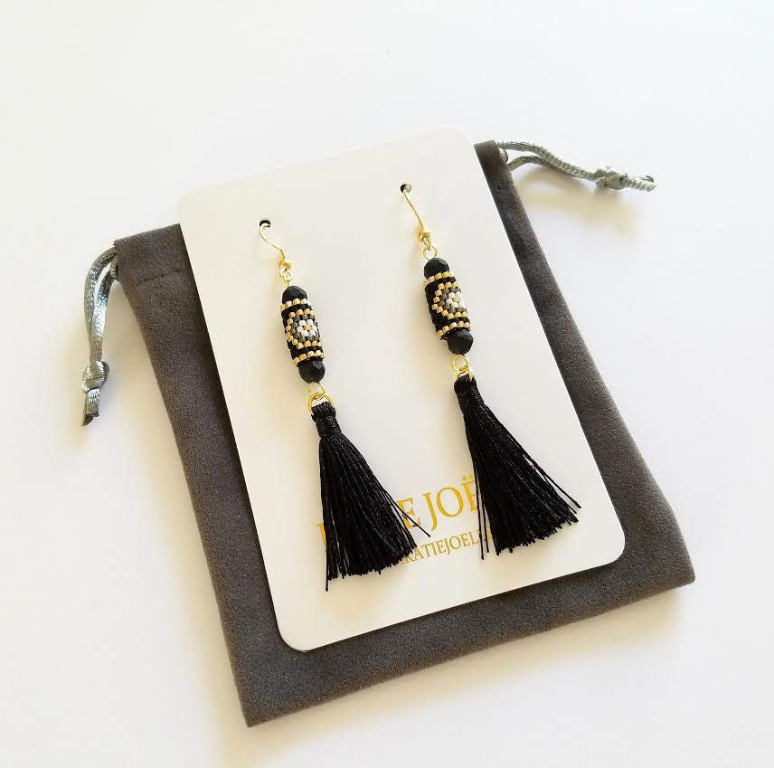 Black and Gold Miyuki Tassel Earrings