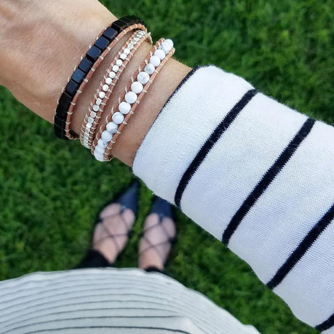 Image of Black and White Turquoise with Silver Nuggets on Natural Leather Wrap Bracelet