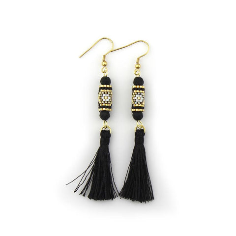 Image of Black and Gold Miyuki Tassel Earrings