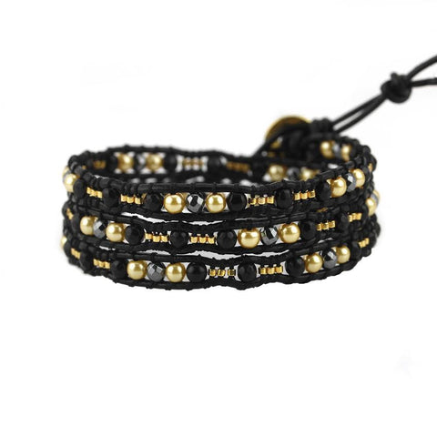 Image of Black Diamond and Gold Pearl Scalloped Wrap Bracelet on Black Leather