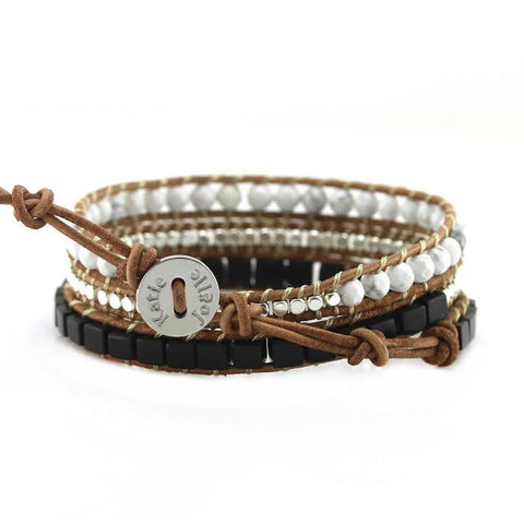 Image of Black and White Turquoise with Silver Nuggets on Natural Leather Wrap Bracelet