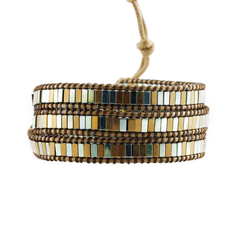 Image of Blue-Green and Bronze Hematite on Bronze Vegan Cord Wrap Bracelet