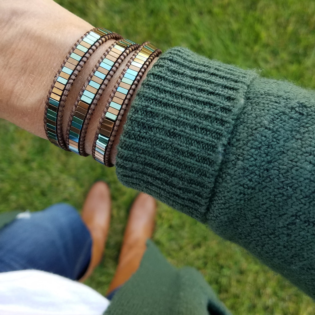 Blue-Green and Bronze Hematite on Bronze Vegan Cord Wrap Bracelet