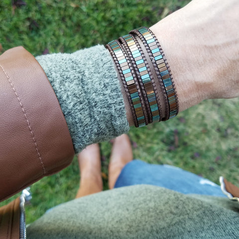 Image of Blue-Green and Bronze Hematite on Bronze Vegan Cord Wrap Bracelet