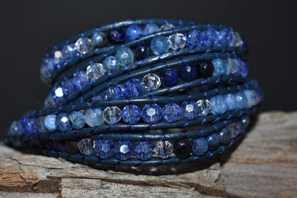 Blue Agate and Crystals Five Wrap on Blue Leather