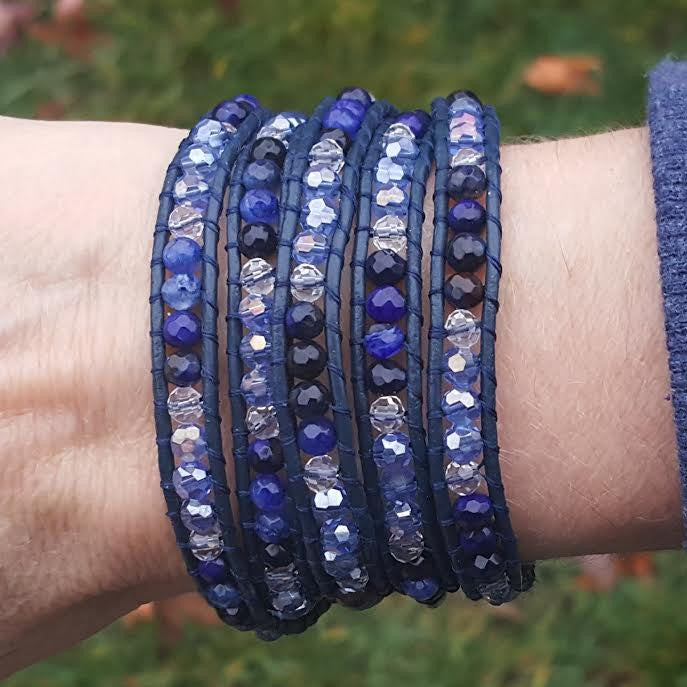 Blue Agate and Crystals Five Wrap on Blue Leather