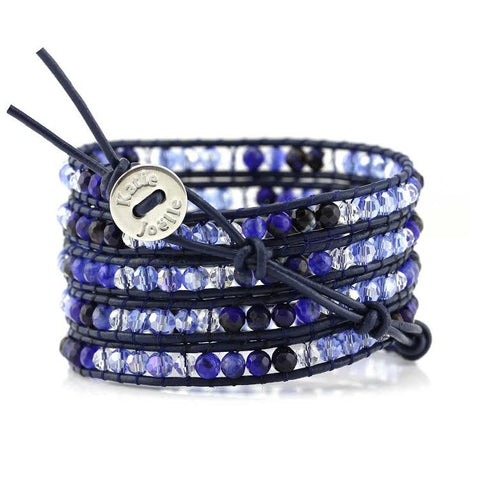 Image of Blue Agate and Crystals Five Wrap on Blue Leather