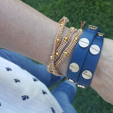 Image of Gold Studded Navy Blue Leather Double Wrap Bracelet