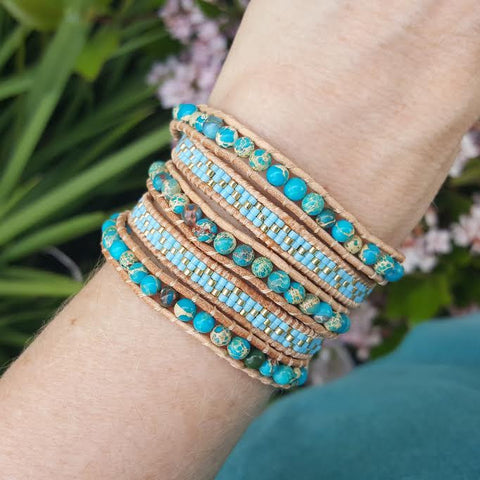 Image of Blue Imperial Jasper with Turquoise Miyuki Glass Seed Beads on Natural Leather Wrap Bracelet