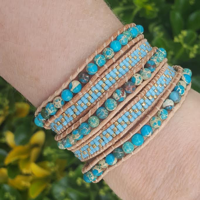 Blue Imperial Jasper with Turquoise Miyuki Glass Seed Beads on Natural Leather Wrap Bracelet