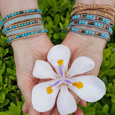 Image of Blue Imperial Jasper with Turquoise Miyuki Glass Seed Beads on Natural Leather Wrap Bracelet