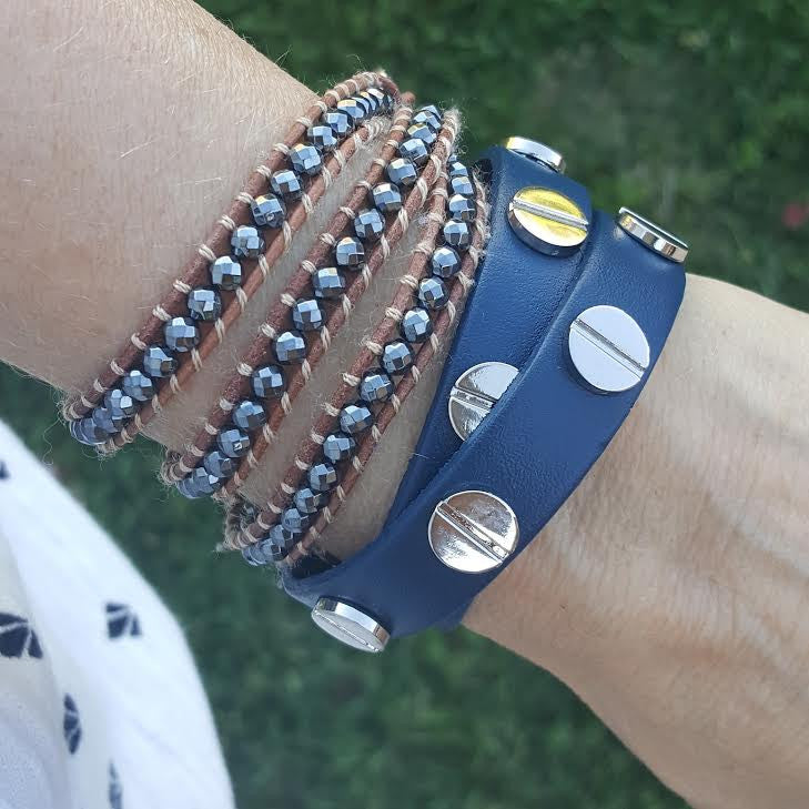 Silver Studded Navy Blue Leather Double Wrap Bracelet
