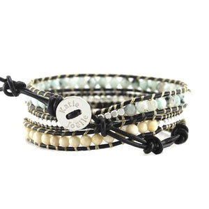 Blue Tianshan and Ivory Stone with Silver Nuggets on Black Leather Wrap Bracelet