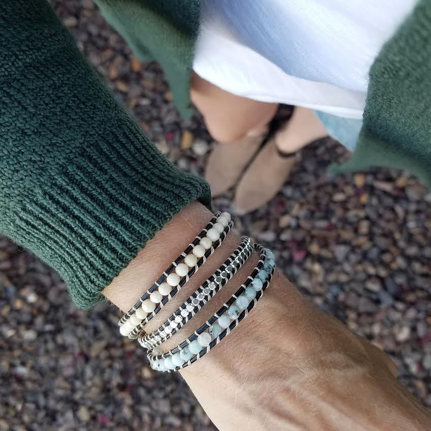 Blue Tianshan and Ivory Stone with Silver Nuggets on Black Leather Wrap Bracelet