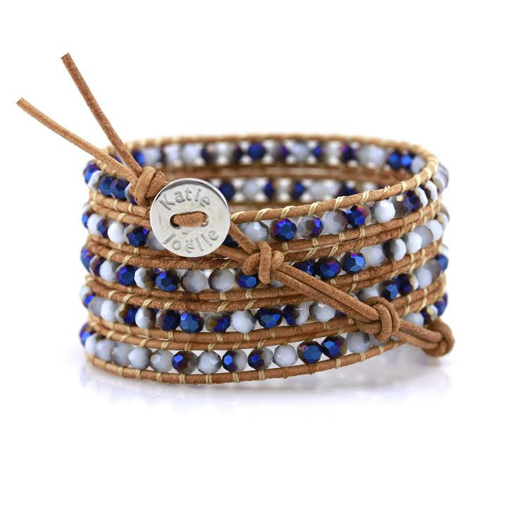 Blue and White Jade on Natural Leather Wrap Bracelet