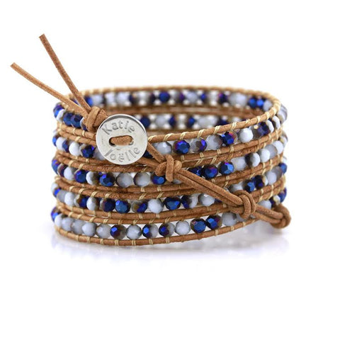 Image of Blue and White Jade on Natural Leather Wrap Bracelet