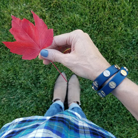 Image of Gold Studded Navy Blue Leather Double Wrap Bracelet