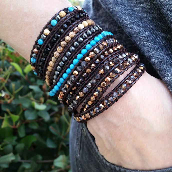 Bronze Dorado Crystals on Dark Brown Leather Wrap Bracelet