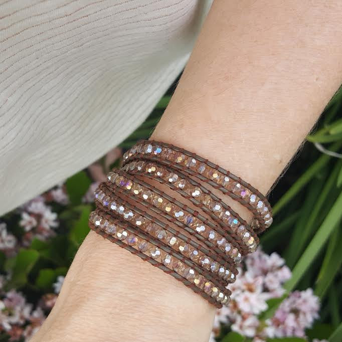 Bronze Crystals on Bronzed Brown Leather Wrap Bracelet