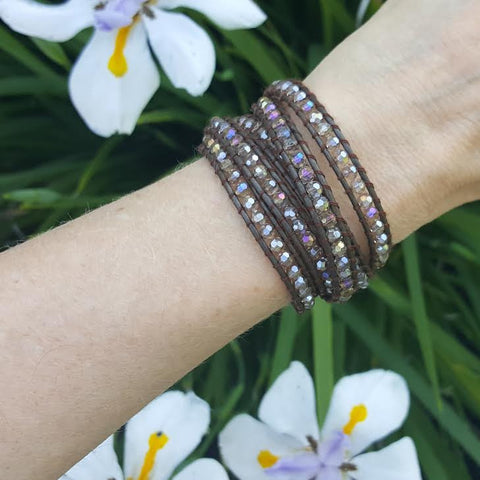 Image of Bronze Crystals on Bronzed Brown Leather Wrap Bracelet