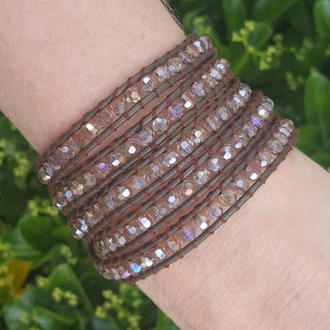 Image of Bronze Crystals on Bronzed Brown Leather Wrap Bracelet
