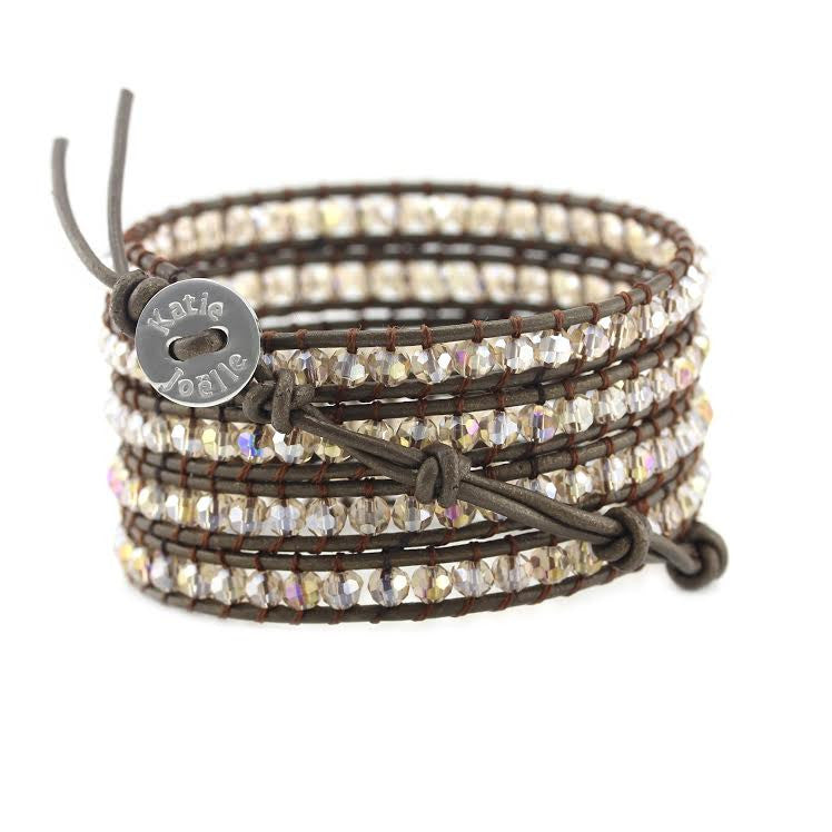 Bronze Crystals on Bronzed Brown Leather Wrap Bracelet