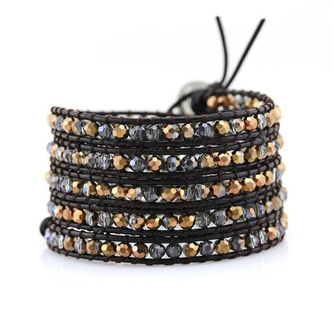 Image of Bronze Dorado Crystals on Dark Brown Leather Wrap Bracelet