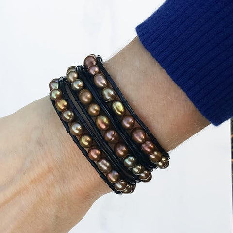 Image of Bronze Freshwater Pearls on Black Leather Wrap Bracelet