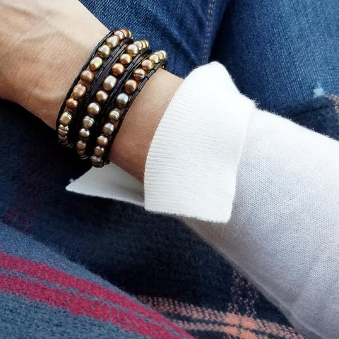 Image of Bronze Freshwater Pearls on Black Leather Wrap Bracelet