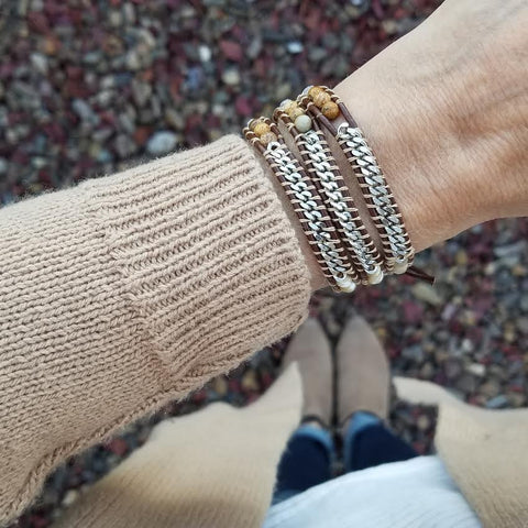 Image of Shell, Crystal, and Stone with Silver Chain on Brown Leather Wrap Bracelet