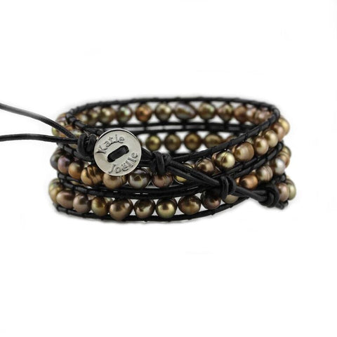 Image of Bronze Freshwater Pearls on Black Leather Wrap Bracelet
