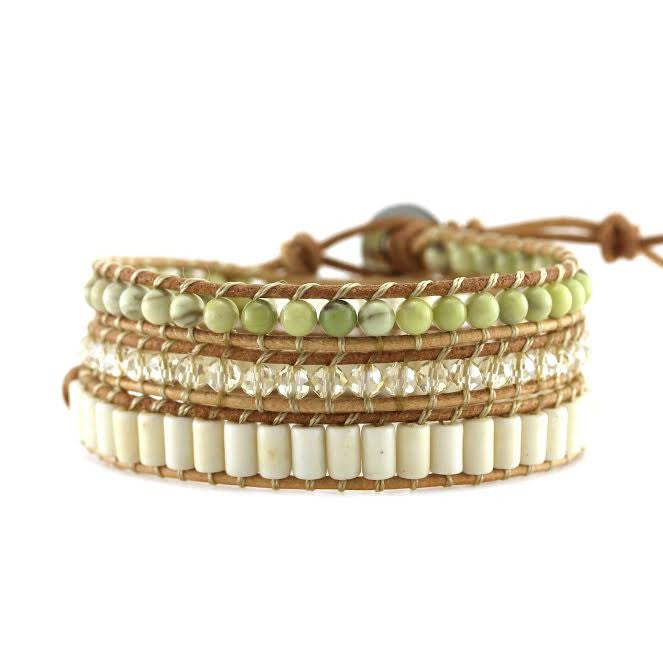 Butter Jade, White Turquoise and Crystals on Natural Leather Wrap Bracelet